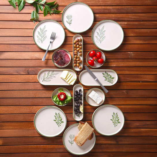 Vienev 14 Parça 6 Kişilik Handmade Yeşil Çiçek Kahvaltı Takımı - Lüx Kahvaltılık Sunum Seti