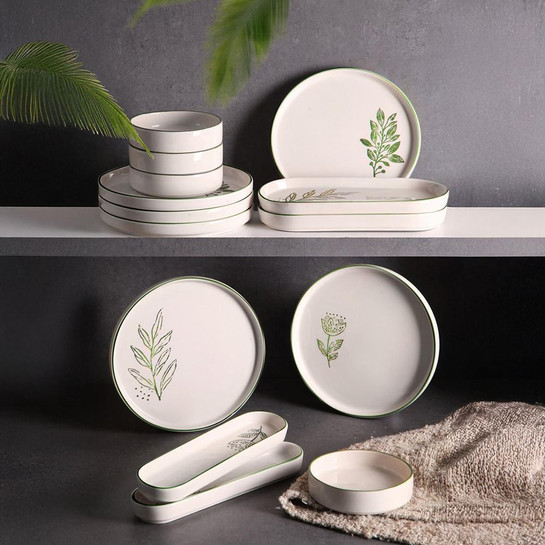Vienev 14 Parça 6 Kişilik Handmade Yeşil Çiçek Kahvaltı Takımı - Lüx Kahvaltılık Sunum Seti