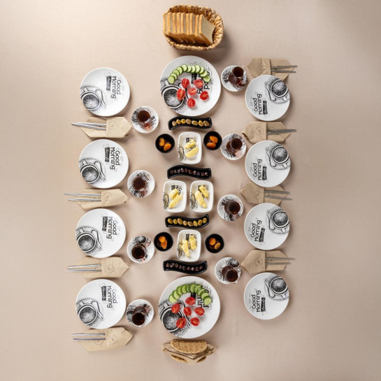 Vienev 38 Parça 8 Kişilik Handmade Yeni Gün Desen Kahvaltı Takımı -stoneware Kahvaltı Sunum Seti