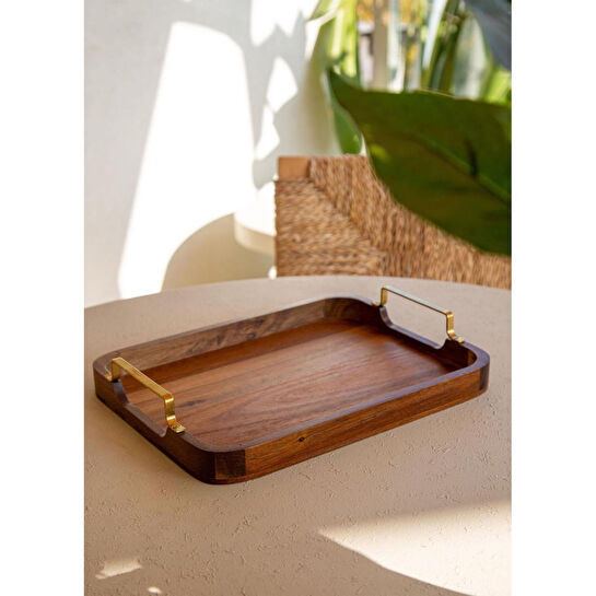 The Mia Natura Metal Kollu Akasya Tepsi 38x28 Cm