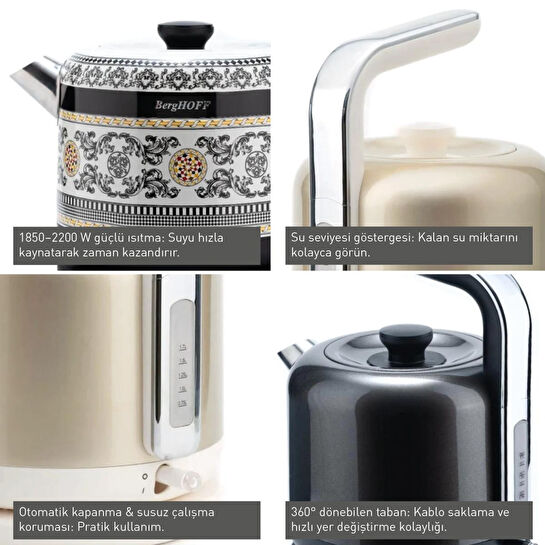 Berghoff Gem Metallic 1.7 L Su Isıtıcı – 2200 W, Paslanmaz Çelik | Koyu Gri