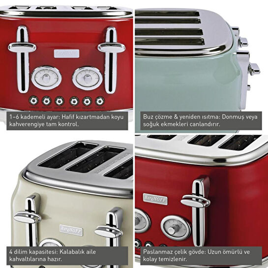 Berghoff Gem Retro 4 Dilim Ekmek Kızartma Makinesi – 1750 W, Paslanmaz Çelik Gövde | Vanilya Krem