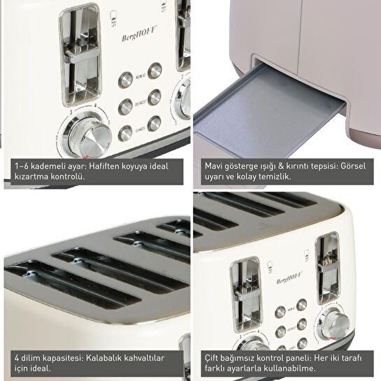 Berghoff Gem Concept 4 Dilim Ekmek Kızartma Makinesi – 1800 W, Çift Kontrol Paneli | Vanilya Krem