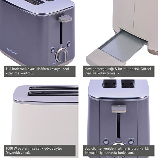 Berghoff Gem Pearl 2 Dilim Ekmek Kızartma Makinesi – 1000 W, Paslanmaz Çelik | Gri