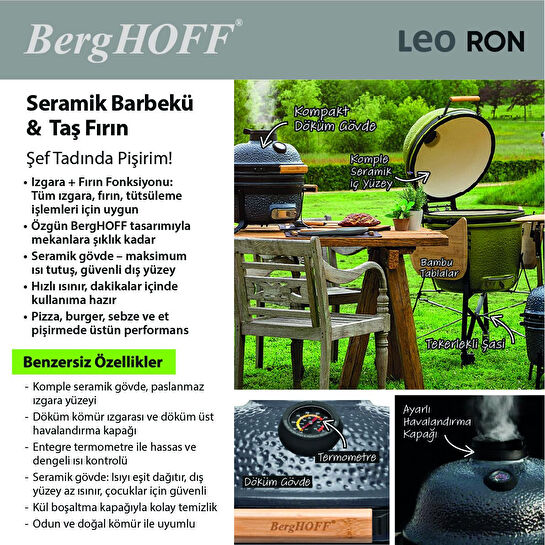 Berghoff Ron Mat Haki Yeşil Büyük Seramik Barbekü Ve Fırın 58 Cm