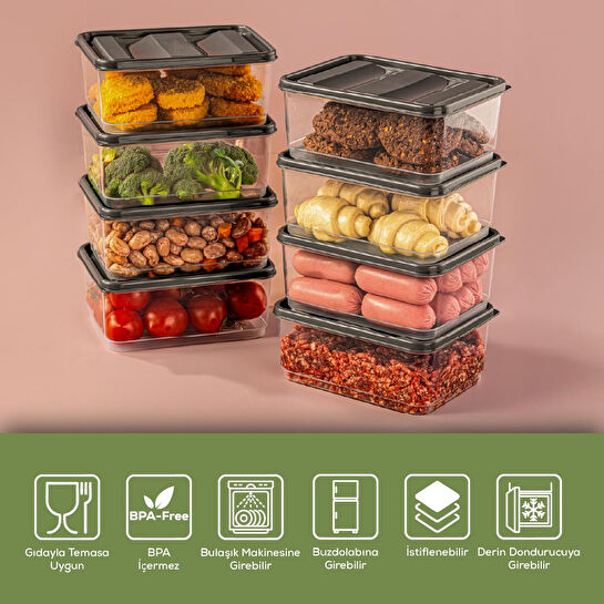 Vienev 8'li 775 Ml Buzdolabı Düzenleyici Organizer Mikrodalgaya Uygun Difriz Saklama Kabı Gri