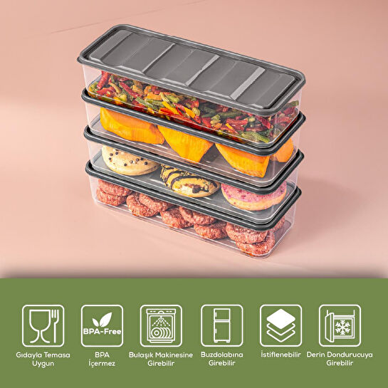 Vienev 4'lü 1,65 Litre Buzdolabı Düzenleyici Organizer Mikrodalgaya Uygun Difriz Saklama Kabı Gri