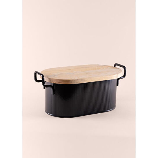 The Mia Stripe Ahşap Kapaklı Ekmek Saklama Kutusu Siyah 40x22x18 Cm