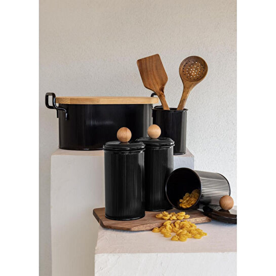 The Mia Stripe Ahşap Kapaklı Ekmek Saklama Kutusu Siyah 40x22x18 Cm