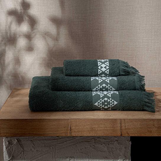 Green Black Hereke 3'lü Havlu Seti Krem Bordürlü Yeşil