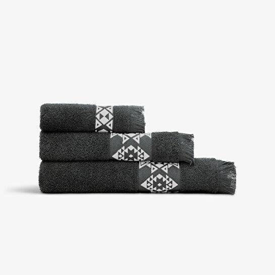Green Black Hereke 3'lü Havlu Seti Krem Bordürlü Antrasit