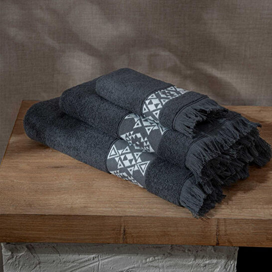 Green Black Hereke 3'lü Havlu Seti Krem Bordürlü Antrasit