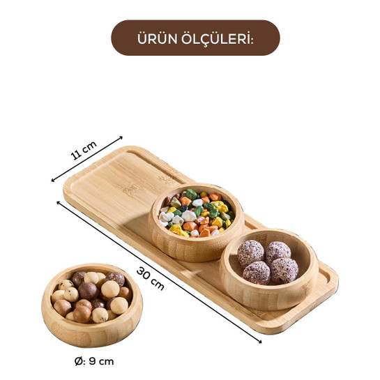 Vienev 3 Yuvarlak Kaseli Bambu Çerezlik Tepsili