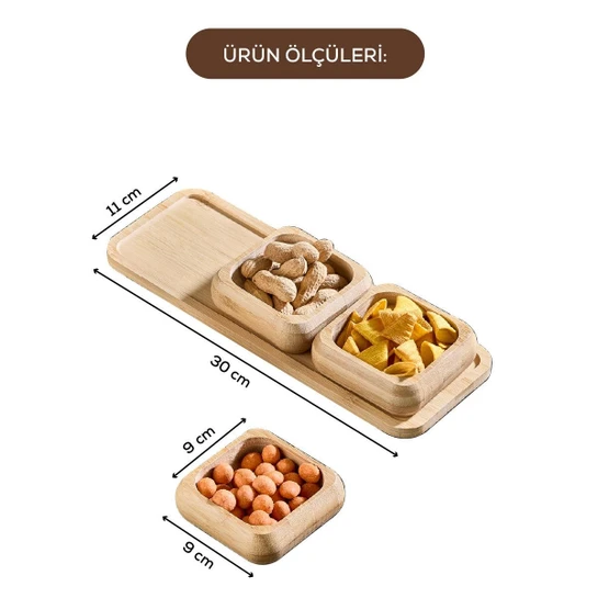 Vienev 3 Kare Kaseli Bambu Çerezlik Tepsili