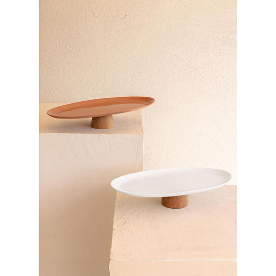 The Mia Limoges Ahşap Ayaklı Servis Tabağı Beyaz 34x17x6,5 Cm