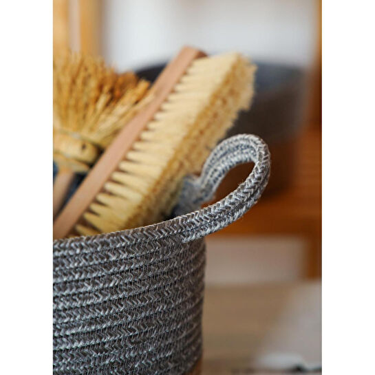 The Mia Jutte Kulplu Yuvarlak Sepet Bambu Gri 25x20 Cm