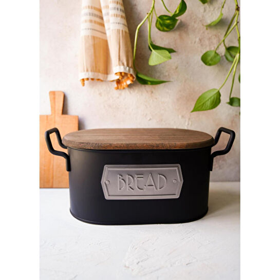 The Mia Ekmek Kutusu Ahşap Kapaklı Siyah Mgl0027