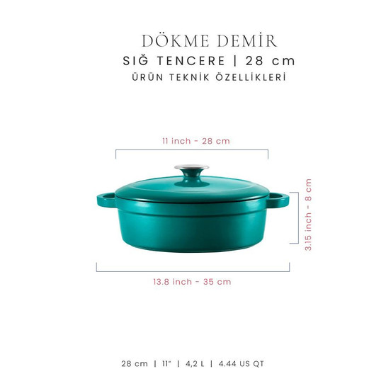 Voeux Kitchenware Profond Turkuaz Sığ Döküm Tencere 28 Cm