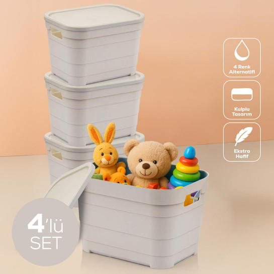 Vienev 4'lü Kapaklı 5 Litre Saklama Kutusu Bej