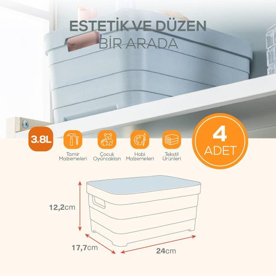Vienev 4'lü Kapaklı 3,8 Litre Saklama Kutusu Beyaz