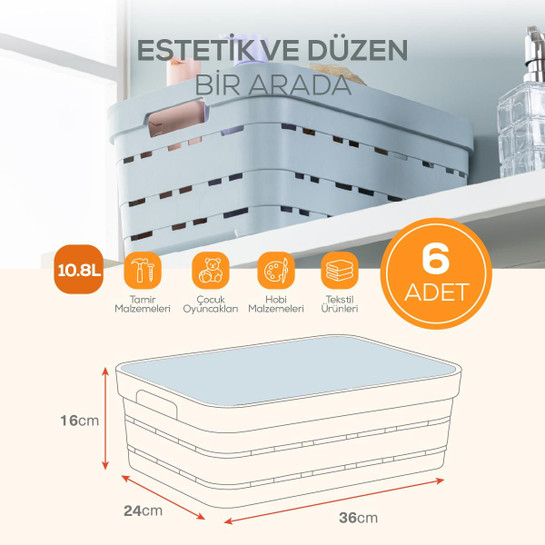 Vienev 6'lı Kapaklı 10,8 Litre Delikli Saklama Kutusu Mavi