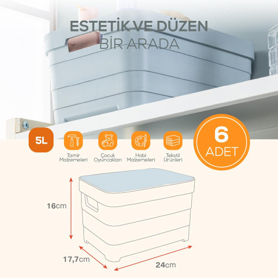 Vienev 6'lı Kapaklı 5 Litre Saklama Kutusu Bej