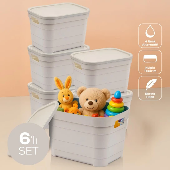 Vienev 6'lı Kapaklı 5 Litre Saklama Kutusu Bej