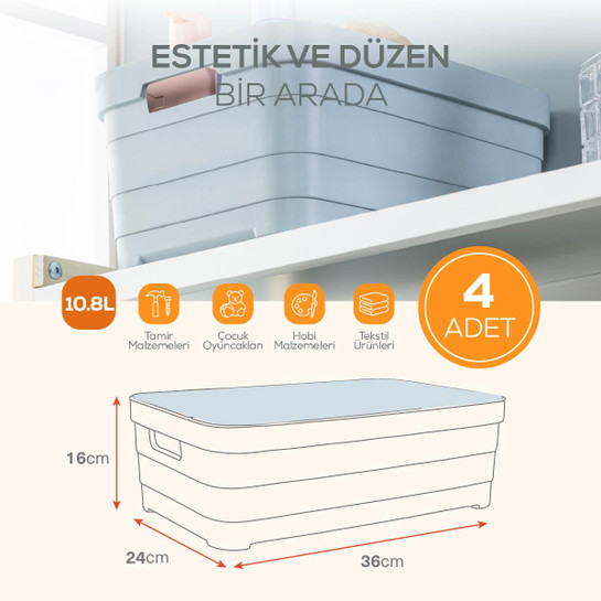 Vienev 4'lü Kapaklı 10,8 Litre Saklama Kutusu Bej