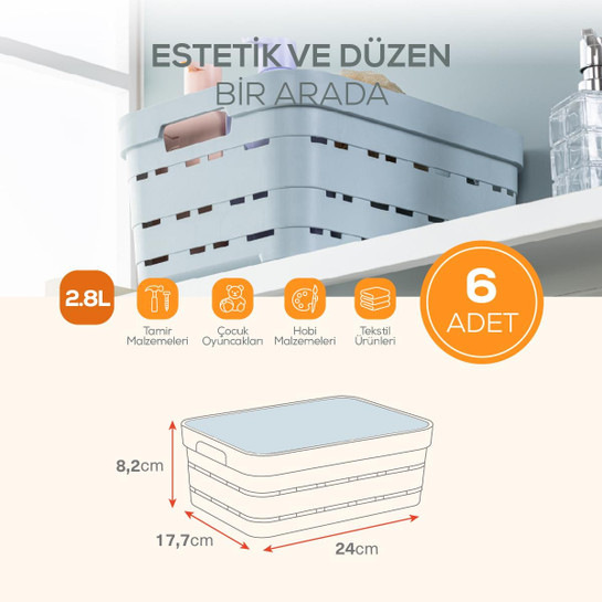 Vienev 6'lı Kapaklı 2,8 Litre Delikli Saklama Kutusu Beyaz