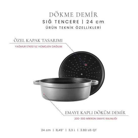 Voeux Kitchenware Gracieuse Gri Sığ Döküm Tencere 24 Cm
