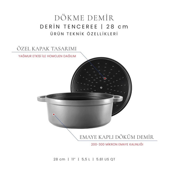 Voeux Kitchenware Gracieuse Gri Derin Döküm Tencere 28 Cm