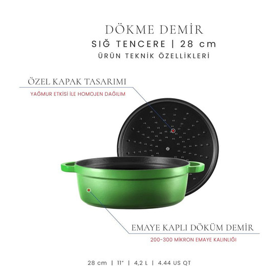 Voeux Kitchenware Forêt Yeşil Sığ Döküm Tencere 28 Cm