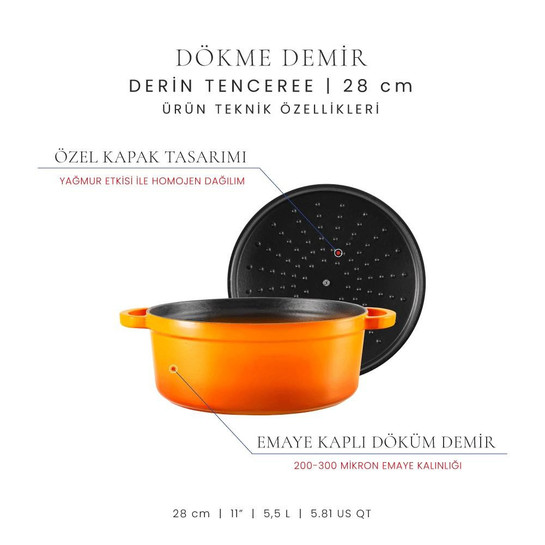 Voeux Kitchenware Amusant Turuncu Derin Döküm Tencere 28 Cm