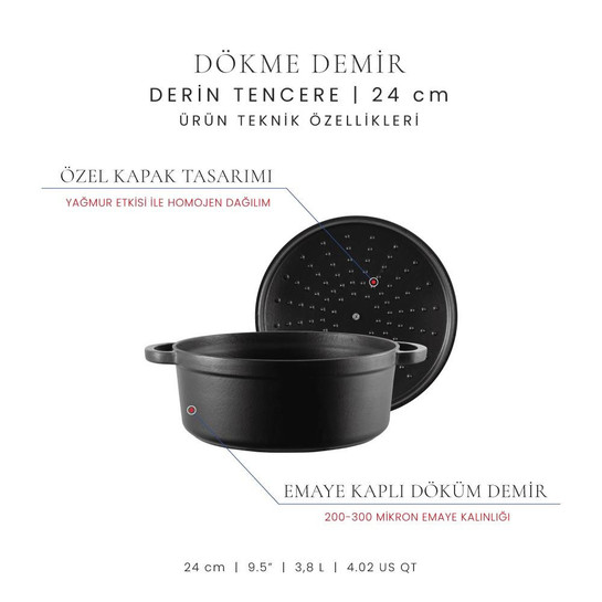 Voeux Kitchenware Elegance Siyah Derin Döküm Tencere 24 Cm