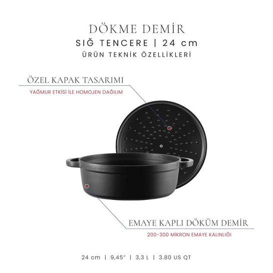 Voeux Kitchenware Elegance Siyah Sığ Döküm Tencere 24 Cm