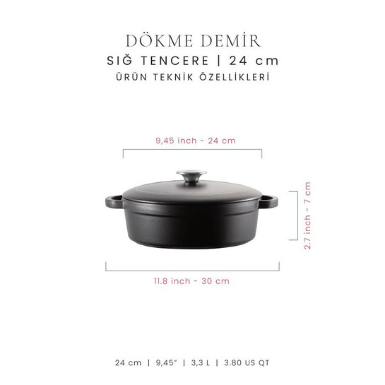 Voeux Kitchenware Elegance Siyah Sığ Döküm Tencere 24 Cm