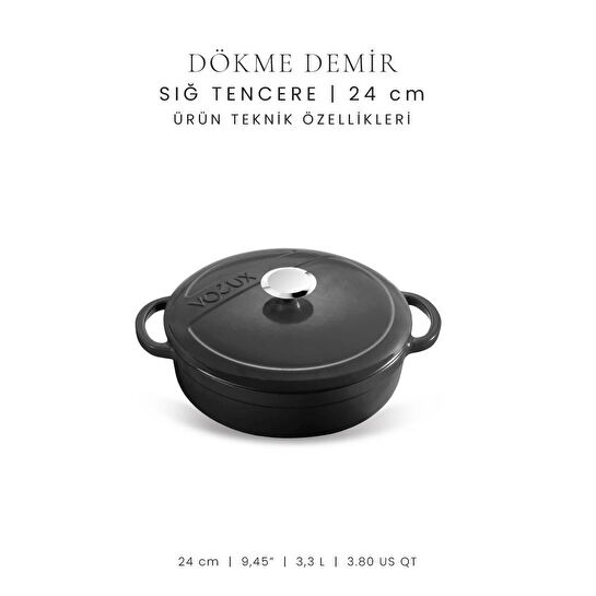 Voeux Kitchenware Elegance Siyah Sığ Döküm Tencere 24 Cm
