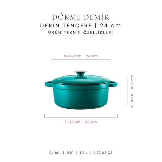Voeux Kitchenware Profond Turkuaz Derin Döküm Tencere 24 Cm