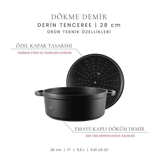 Voeux Kitchenware Elegance Siyah Derin Döküm Tencere 28 Cm