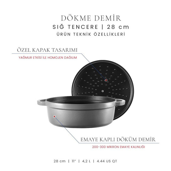 Voeux Kitchenware Gracieuse Gri Sığ Döküm Tencere 28 Cm