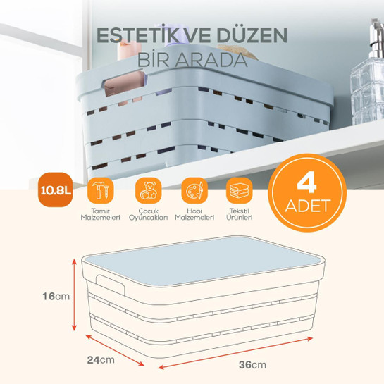 Vienev 4'lü Kapaklı 10,8 Litre Delikli Saklama Kutusu Bej