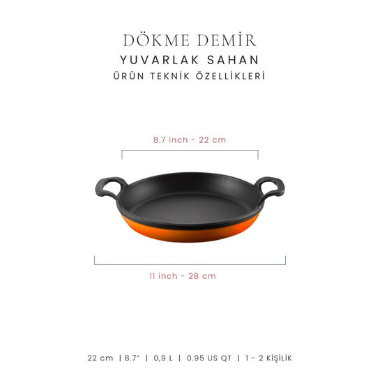 Voeux Kitchenware Amusant Turuncu Yuvarlak Döküm Sahan Ve Ahşap Nihale 22 Cm