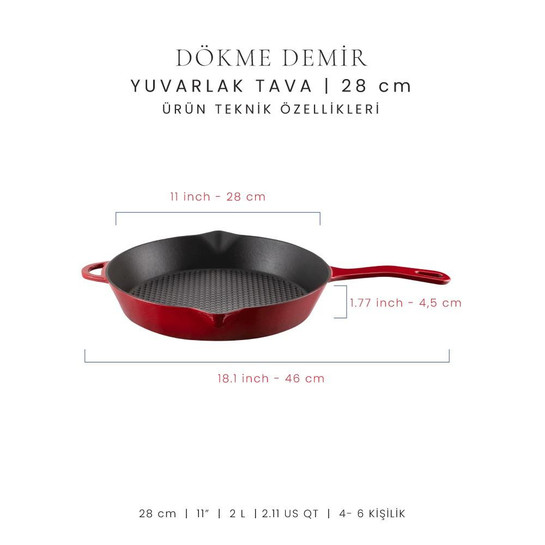 Voeux Kitchenware L'amour Kırmızı Yardımcı Kulplu Döküm Tava 28 Cm