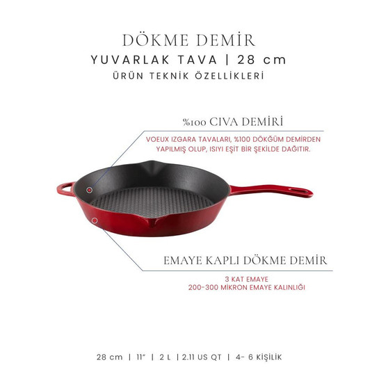 Voeux Kitchenware L'amour Kırmızı Yardımcı Kulplu Döküm Tava 28 Cm