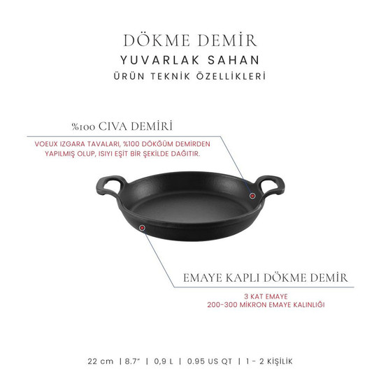 Voeux Kitchenware Elegance Siyah Yuvarlak Döküm Sahan Ve Ahşap Nihale 22 Cm