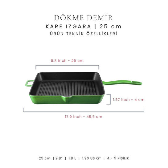 Voeux Kitchenware Forêt Yeşil Döküm Kare Izgara Tava 25 Cm