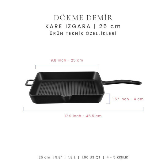 Voeux Kitchenware Elegance Siyah Döküm Kare Izgara Tava 25 Cm