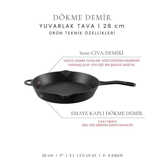 Voeux Kitchenware Elegance Siyah Yardımcı Kulplu Döküm Tava 28 Cm
