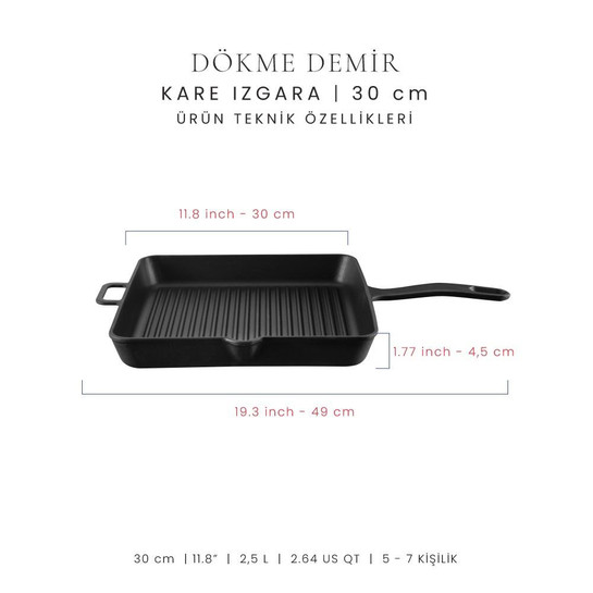 Voeux Kitchenware Elegance Siyah Döküm Kare Izgara Tava 30 Cm