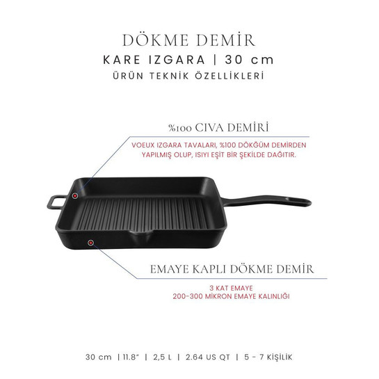 Voeux Kitchenware Elegance Siyah Döküm Kare Izgara Tava 30 Cm